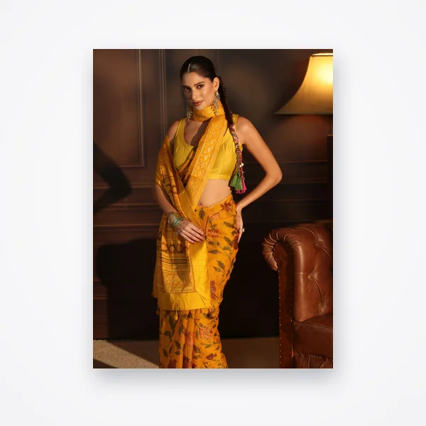 Libas Mustard Floral Printed Silk Blend Saree