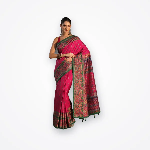 Libas Rani Pink and Green Peacock Printed Silk Blend Saree