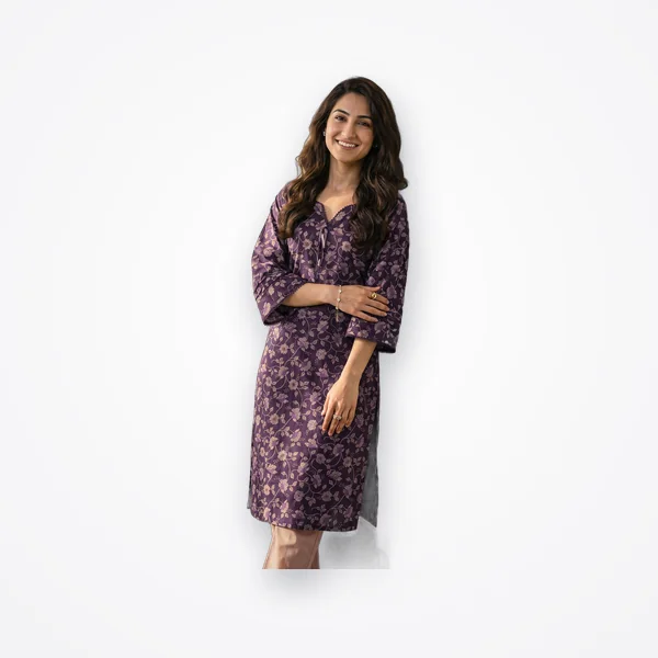 Libas Dark Purple Floral Printed Cotton A-Line Kurta