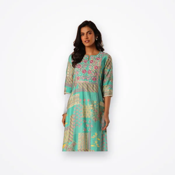 Libas Blue Printed Silk Blend Straight Kurta