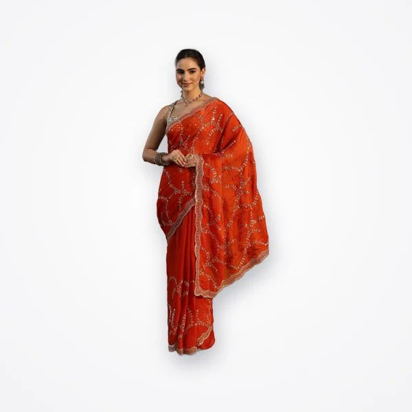 Libas Orange Sequin Embellished Tissue Saree with Scalloped Border