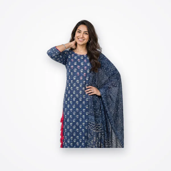Libas Indigo Blue Dabu Printed Cotton Straight Suit Set