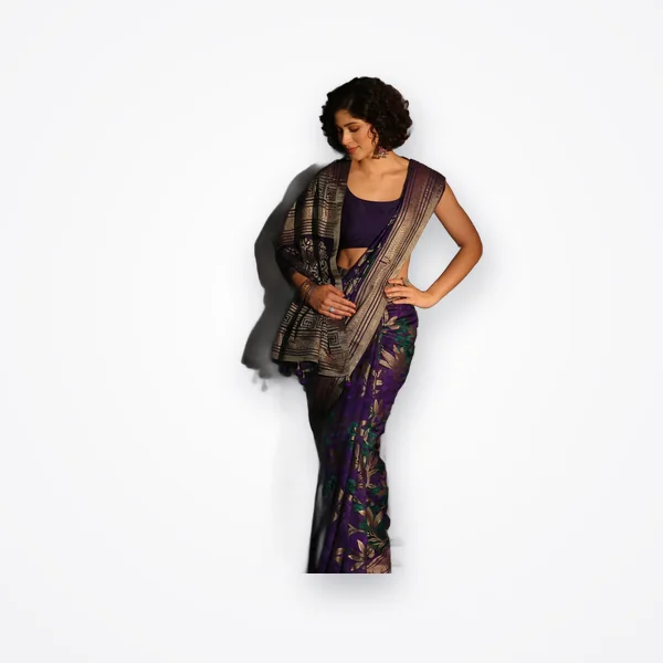 Libas Royal Purple Floral Woven Design Silk Blend Saree