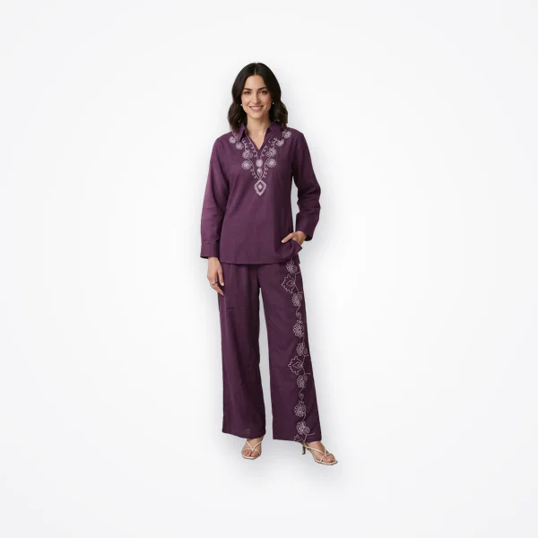 Libas Burgundy Floral Embroidered Cotton Blend Co-Ord Set