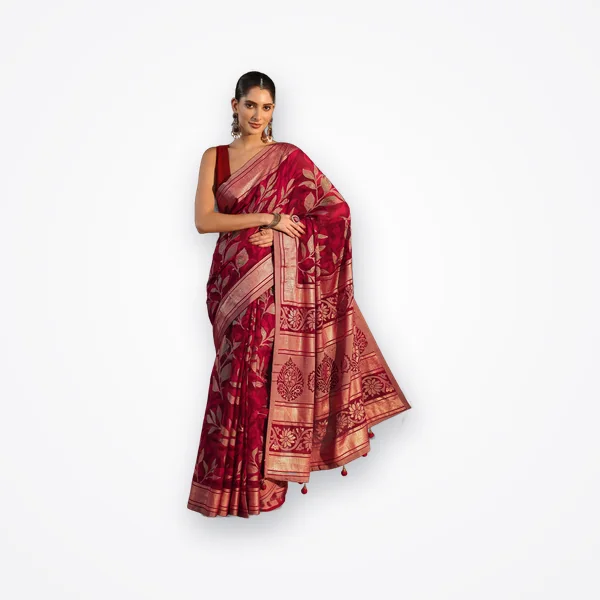 Libas Maroon Floral Foil Printed Silk Blend Saree