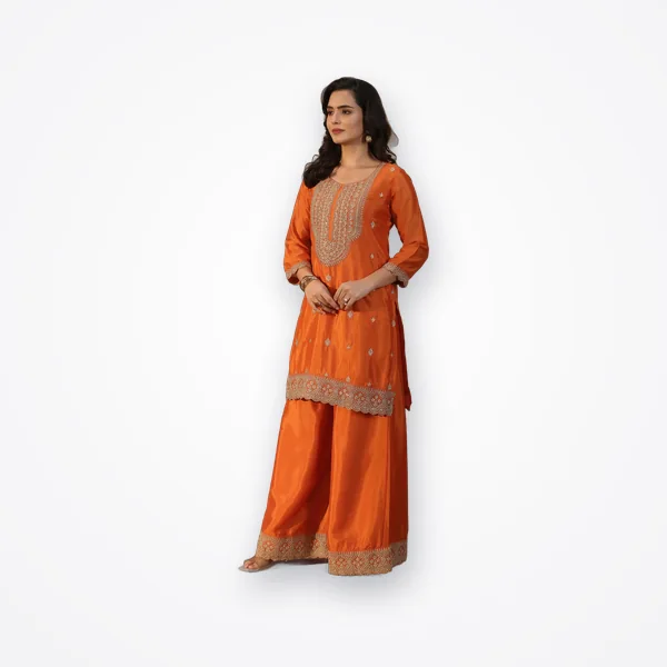 Libas Orange Yoke Design Embroidered Chinon Palazzo Suit Set