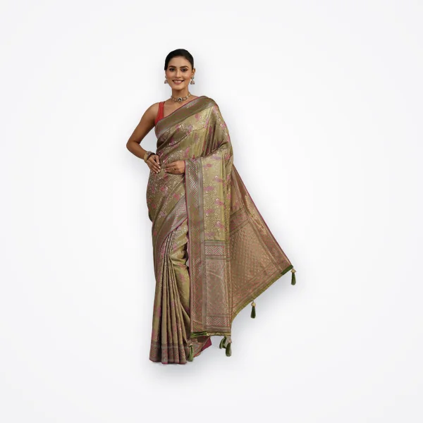 Libas Light Olive Green Woven Design Silk Blend Saree with Stone Work