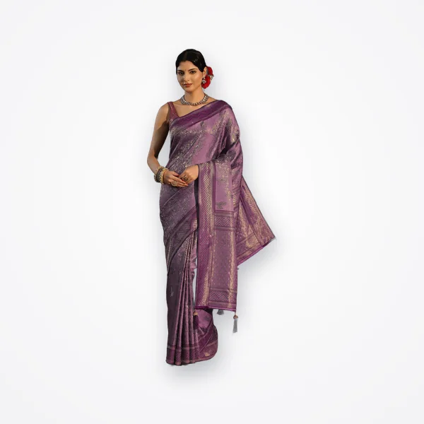 Libas Purple Woven Silk Blend Tassel Saree with Stone Work