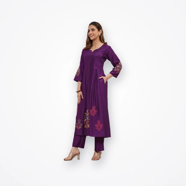 Libas Purple Floral Embroidered Silk Blend A-Line Kurta