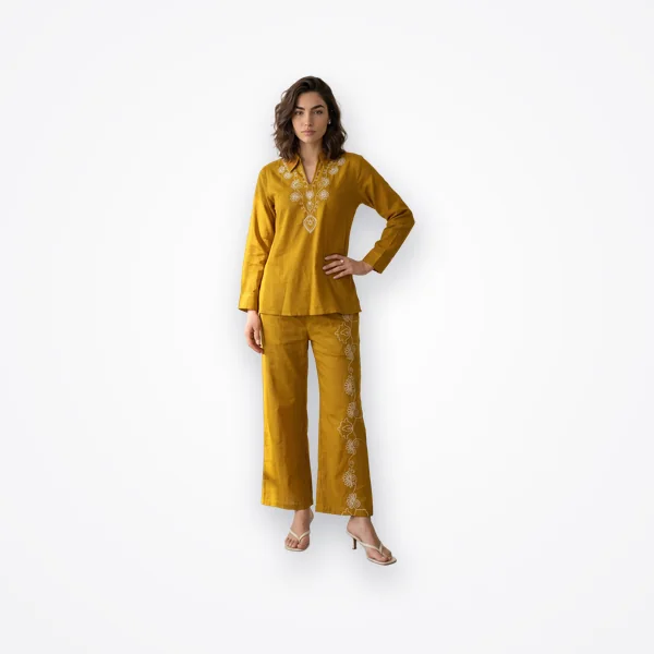 Libas Mustard Embroidered Cotton Blend Co-Ord Set