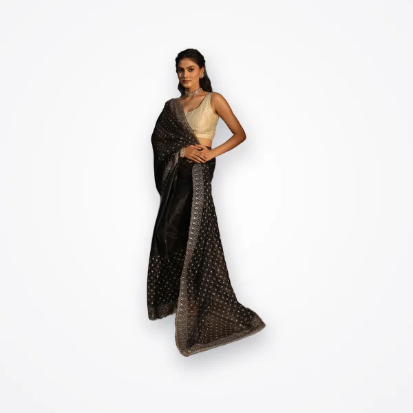 Libas Black Floral Embroidered Net Saree
