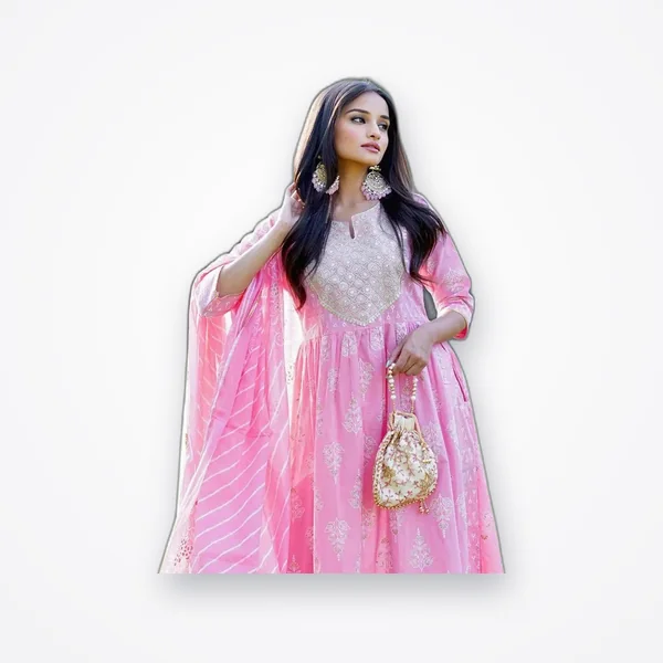 Libas Pink Yoke Design Cotton Anarkali Kurta With Palazzos & Dupatta