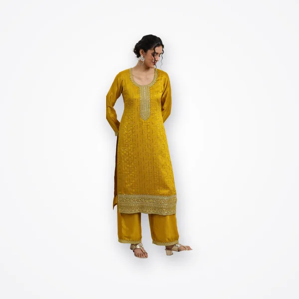 Libas Mustard Embellished Silk Blend Straight Kurta With Palazzos & Dupatta