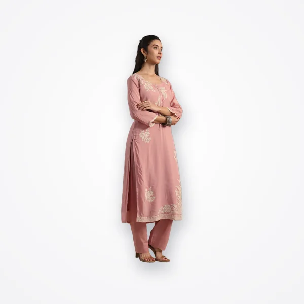 Libas Pink Floral Embroidered Chanderi Silk Straight Suit Set With Dupatta