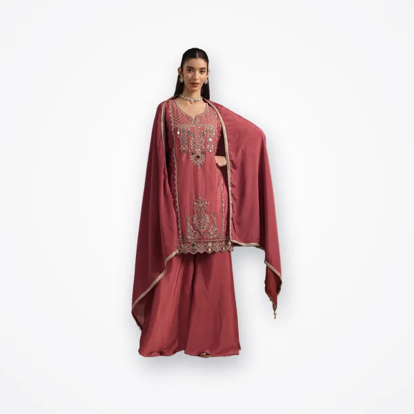 Libas Pink Floral Embroidered Chinon Sharara Suit Set