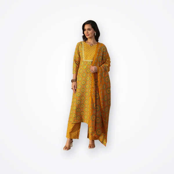 Gerua by Libas Mustard Ethnic Printed Cotton Straight Suit Set