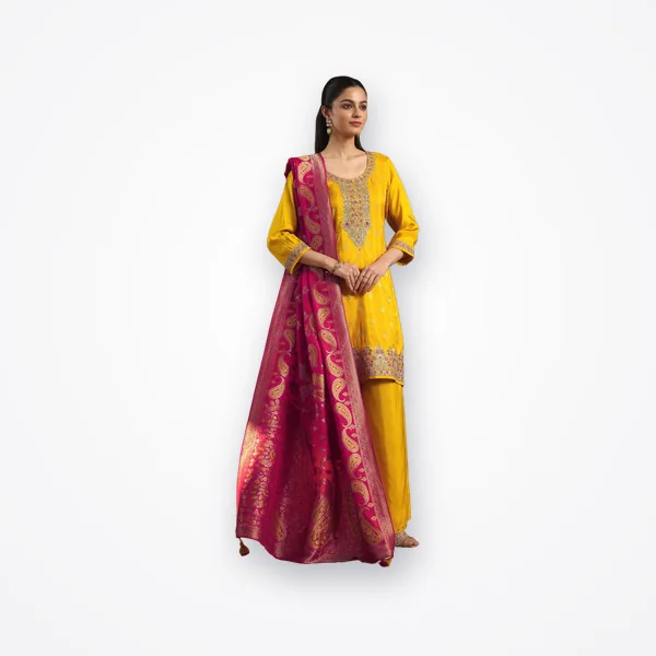 Libas Mustard Floral Embroidered Silk Blend Palazzo Suit Set