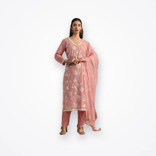 Libas Dusty Pink Floral Embroidered Chanderi Silk Straight Suit Set