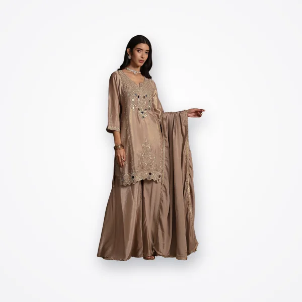 Libas Beige Floral Embroidered Chinon Sharara Suit Set