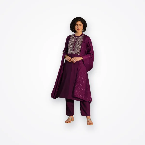 Gerua Wine Yoke Design Silk Blend Straight Suit With Dupatta