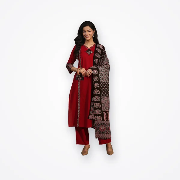 Libas Maroon Ajrakh Printed Cotton Straight Suit Set with Dupatta