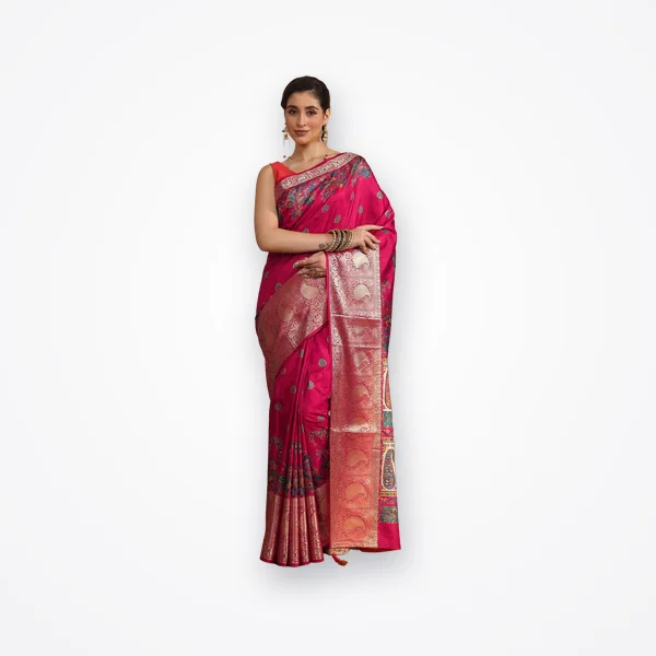 Libas Rani Pink Paisley Silk Blend Saree with Woven Border