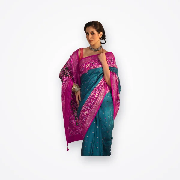 Libas Blue and Pink Patola Style Silk Blend Saree