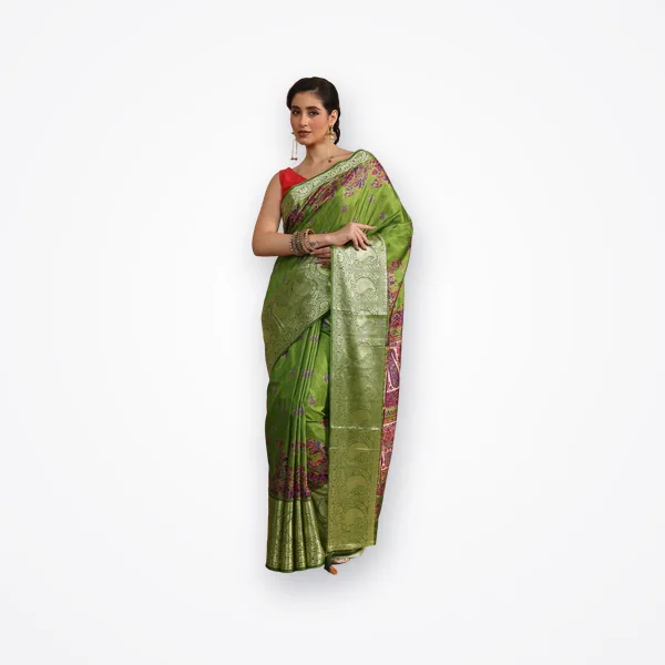 Libas Green Paisley Printed Silk Blend Saree with Woven Border