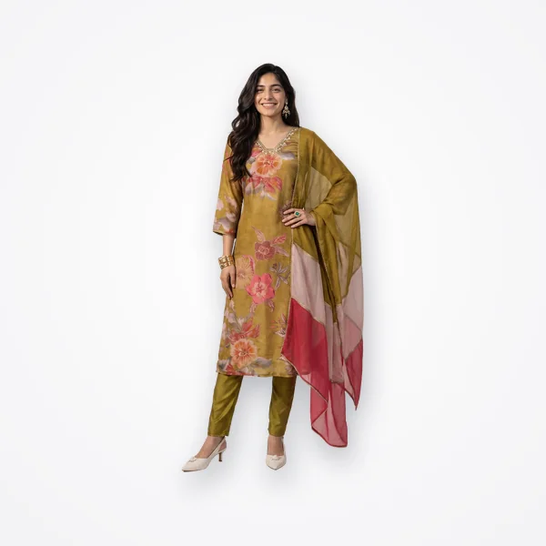 Libas Green Floral Printed Tissue Straight Suit Set with Dupatta