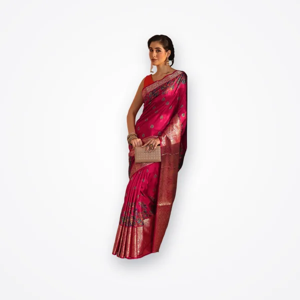Libas Rani Pink Paisley Printed Silk Blend Saree with Woven Border