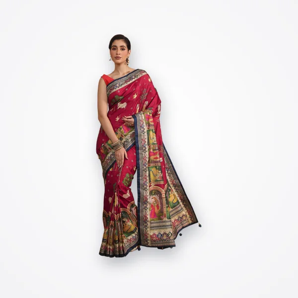 Libas Red Pichwai Printed Silk Blend Saree