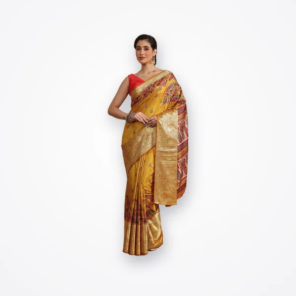 Libas Mustard Paisley Printed Silk Blend Saree with Woven Border