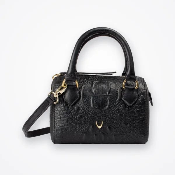 Hidesign Black Croc-Textured Medium Leather Handbag