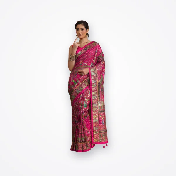 Libas Art Rani Pink Mughal Foil Printed Silk Blend Saree