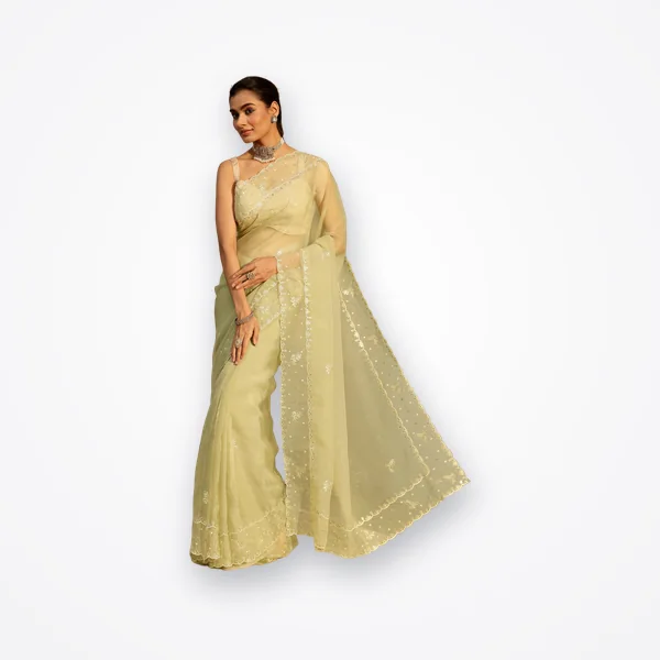 Libas Pista Green Floral Embroidered Tissue Saree