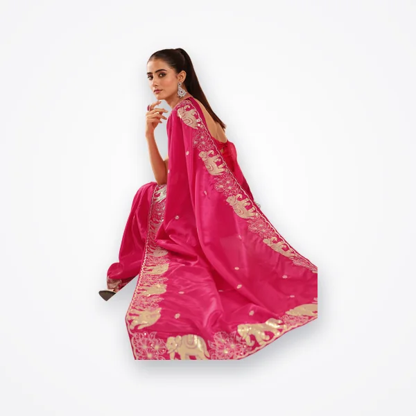 Libas Rani Pink Embellished Satin Saree with Gaja Motif Border