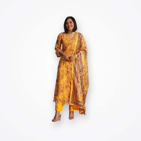 Libas Mustard Floral Printed Chiffon Anarkali Suit Set with Kota Dupatta