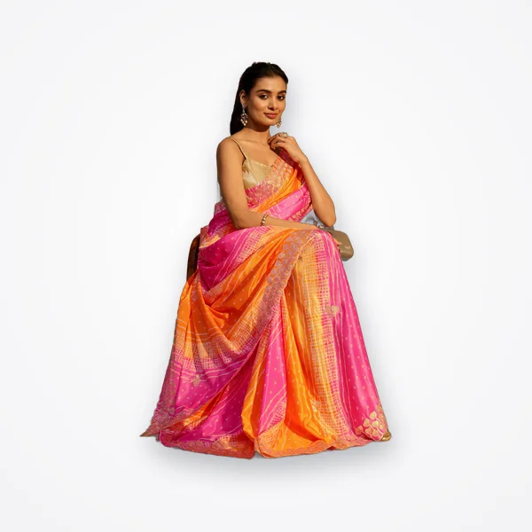 Libas Multi Color Bandhani Printed Satin Saree
