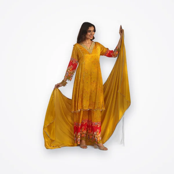 Libas Yellow Floral Woven Design Chinon A-Line Suit Set