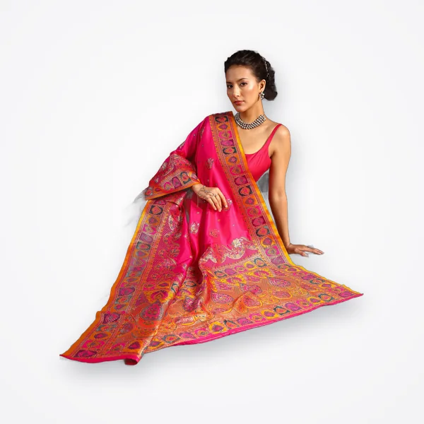 Libas Fuchsia Pink Ethnic Woven Design Satin Saree