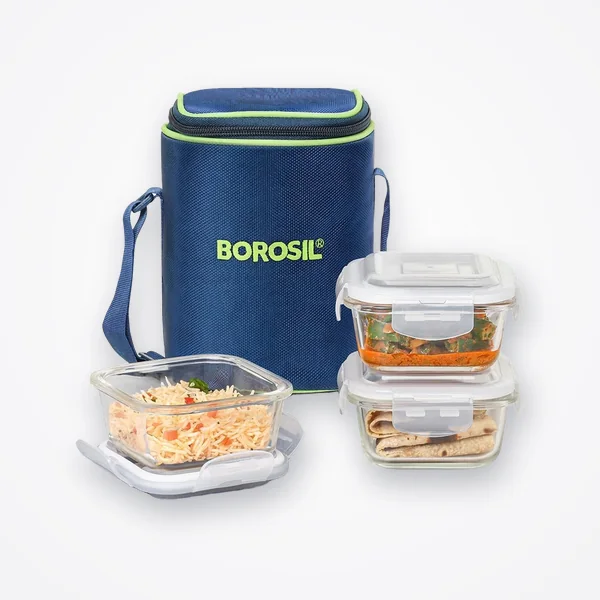 Borosil Klip N Store Lunchbox with Bag - 3 Square Glass Containers 320ml