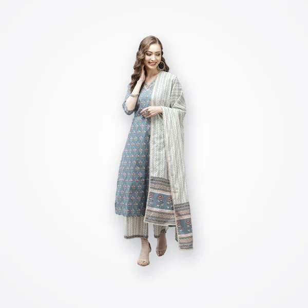 Libas Blue & White Cotton Printed Kurta Palazzo Set With Dupatta