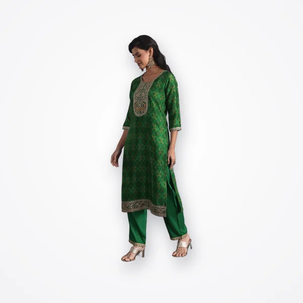 Libas Green Ethnic Printed Silk Blend Straight Suit Set