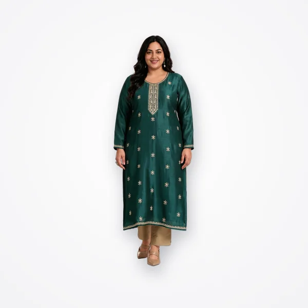 Libas Plus Size Bottle Green Ethnic Embroidered Silk Blend Straight Kurta