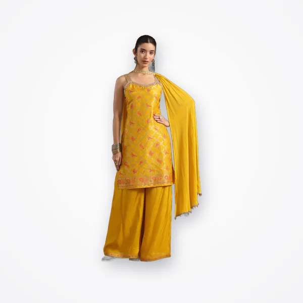 Libas Mustard Strappy Woven Design Silk Blend Palazzo Suit Set