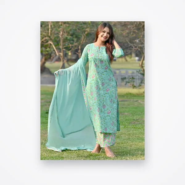 Libas Green Printed Cotton Straight Kurta With Palazzos & Dupatta