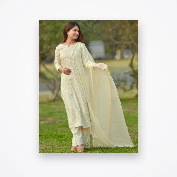 Libas Yellow Printed Cotton Straight Kurta With Palazzos & Dupatta
